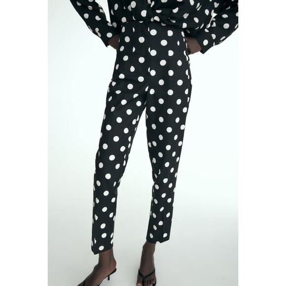 Zara Linen Blend High-Waist Polka Dot Cropped Trousers Black/White Womens Size S - Picture 2 of 5